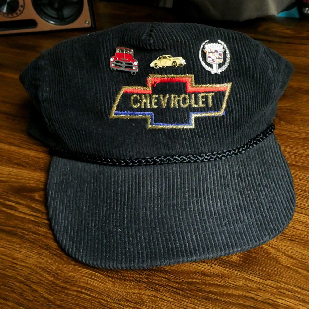 Vintage Chevrolet Rope Hat Black Corduroy Otto Cap Car & Cadillac Pins Chevy Dad